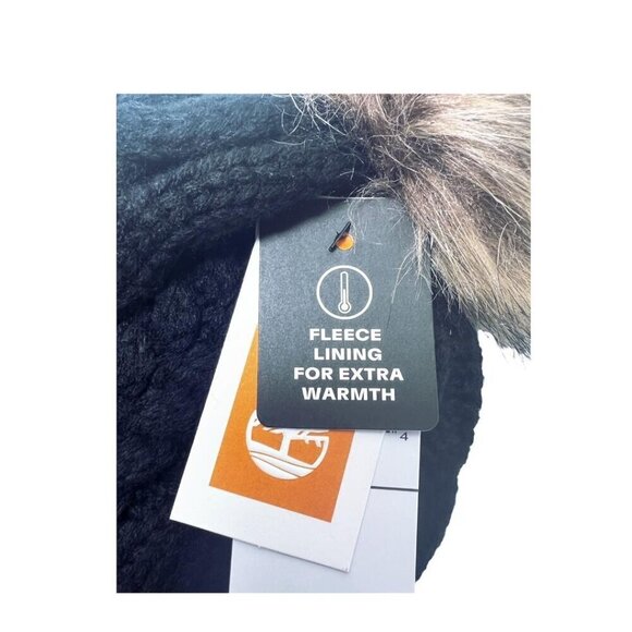 Timberland Womens Black Fleece Lined Cable Knit Cuff Brim Hat With Pom Pom New - Picture 4 of 6